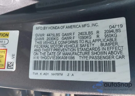 2019 Honda Accord Sport из США, поврежденный, VIN 1HGCV1E35KA081096